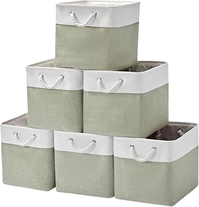 13 x 13 Inch Extra Large Storage Cubes,6 Pack Cube Storage Bins for Shelves，Fabric Collapsible Storage Bins with Handles, Foldable Storage Basket for Organizing Clothes, Toys (White&Green) by ISEMINGLA