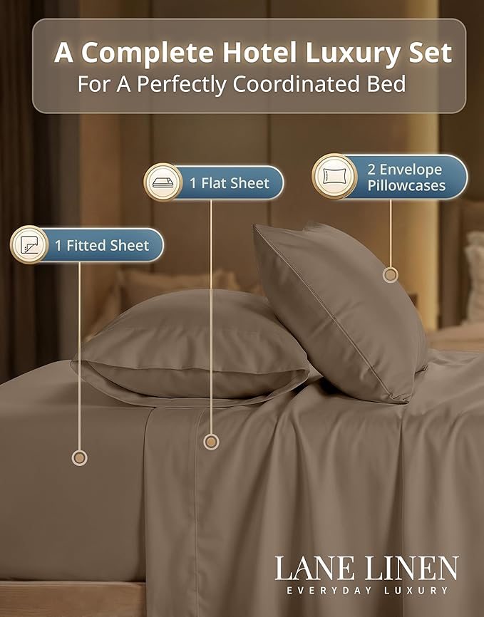 Lane Linen 100% Cotton Bed Sheets – 600 Thread Count Cooling Sheets Queen, Durable Daily Use Bedding, Value Comfort for Nightly Rest, Hotel Sateen Finish, Snug Fit 15" Deep Pocket Fitted Sheet – Taupe