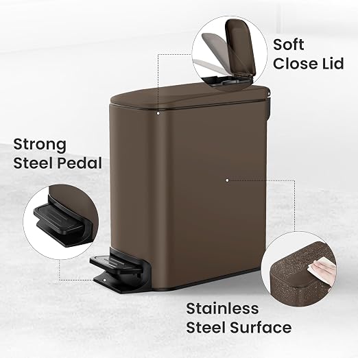 Cesun Small Bathroom Trash Can with Lid Soft Close, Step Pedal, 6 Liter / 1.6 Gallon Stainless Steel Garbage Can with Removable Inner Bucket, Anti-Fingerprint Finish (Brown) - Image 4