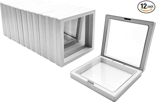12PCS 3D Floating Frame Display Stand, Jewelry Box, Gift Box, Ornament Organizer, Small Travel Jewelry Box, PE Film Anti-Oxidation, Suspended Display Box Stackable (White, 3.54 * 3.54) by Unknown