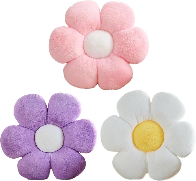 CANGHI 3 PCS Flower Pillows Flower Shaped Throw Pillow Cute Daisy Pillows Seating Cushions for Adults Kids Home Bedroom Sofa Chair Couch Decor (White/Pink/Purple, 15.74 inch)