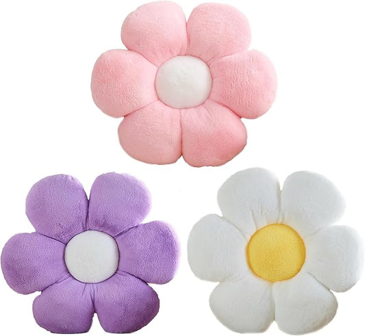 CANGHI 3 PCS Flower Pillows Flower Shaped Throw Pillow Cute Daisy Pillows Seating Cushions for Adults Kids Home Bedroom Sofa Chair Couch Decor (White/Pink/Purple, 15.74 inch)