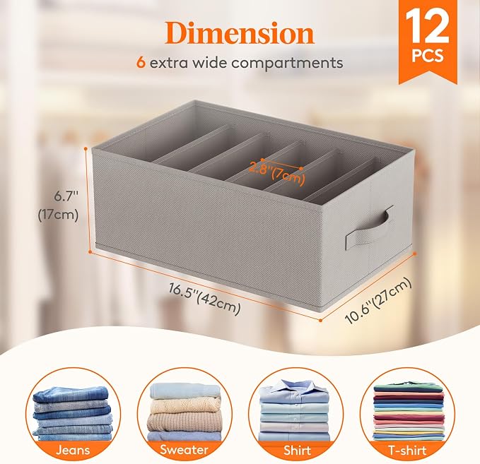 Lifewit Wardrobe Clothes Organizer 12 Pack, Large Size 6 Grids Closet Jean Storage Bins with Handles and Support Boards, Foldable Drawer Dividers for Sweater, Pants, T-Shirt, Hoodie, Dress, Grey - Image 2