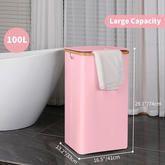 efluky 26 Gal Laundry Basket with Lid and Net Bag, Tall Laundry Hamper with Bamboo Handles, Aesthetic Dirty Clothes Bin for Laundry Room, Bathroom, Bedroom and Dorm, Pastel‌ - Image 2