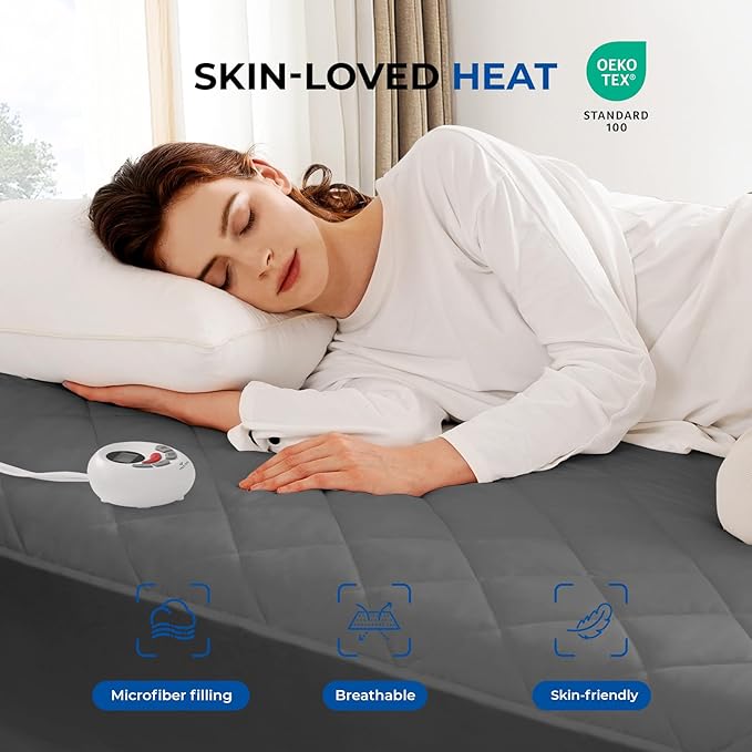 Heated Mattress Pad Cal King Quilted Zone Heating Electric Bed Warmer Comfort Heat Mattress Pad Cover Dual Controller（10 Heat Setting | 1-12 Hours Auto Shut Off | with 8-21 Inch Deep Pocket） Gray