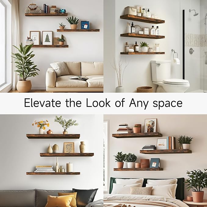 BAYKA Floating Shelves for Wall, Set of 3, 36 Inches Wall Mounted Wood Shelves for Bathroom, Bedroom, Living Room or Kitchen, Hanging Shelf for Books/Storage/Decor with 30lbs Capacity, Rustic Brown - Image 6