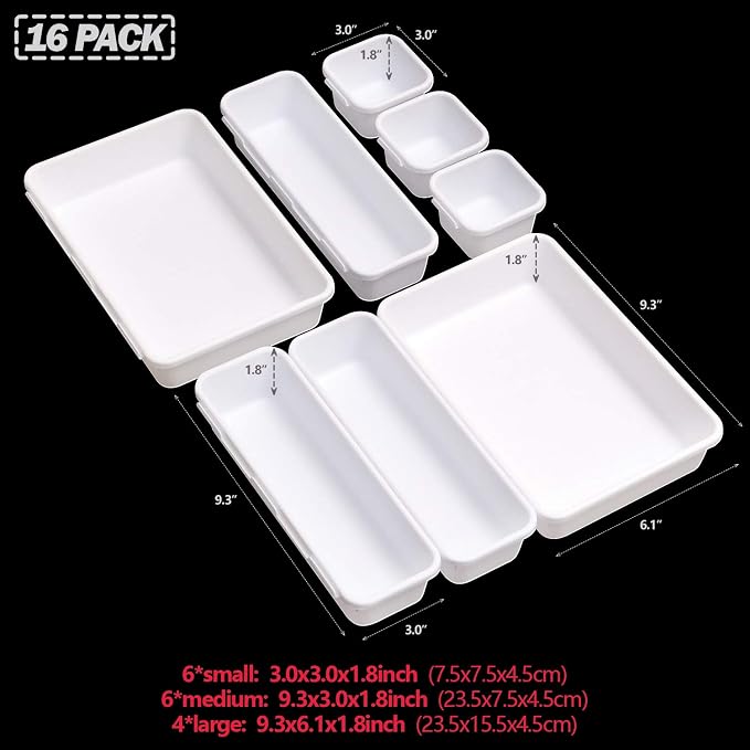 Set of 16 Interlocking Desk Drawer Organizer Tray Dividers Plastic Shallow Narrow Drawers Organizers Separators Storage Bins Container for Kitchen Bathroom Makeup Office Vanity Bedroom Dresser White - Image 2