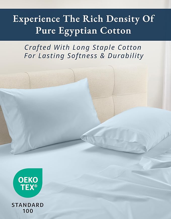 LANE LINEN 100% Egyptian Cotton Queen Sheets Set, Long Staple Mercerized Cotton Bedding Sheets, Sateen Weave, Luxury Hotel Sheets, Deep Pocket - Ice Melt