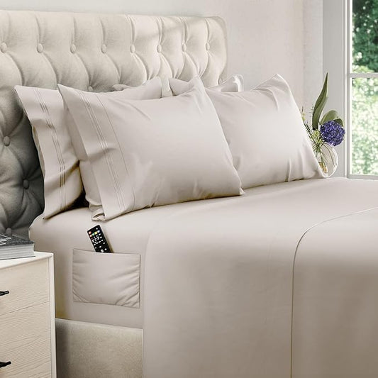 DREAMCARE Queen Sheet Set - 6 pcs Breathable Cooling Bed Sheets - up to 15" Deep Pocket Queen Sheets Set with Side Pockets - Extra Soft 100% Brushed Hypoallergenic Hotel Luxury Bedding - Beige