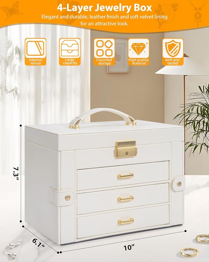 AKOZLIN Large 4-Tier Jewelry Box Leather Jewelry Storage Organizer with 3 Drawers Lockable for Women Girls Ring Necklace Earring Bracelet Watches Holder with Mirror White - Image 2