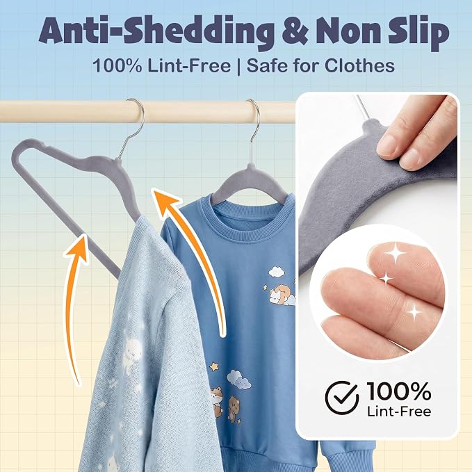 HOUSE DAY 14 Inch Kids Velvet Hangers 50 Pack, Durable Big Kid Hangers for Youth, Teen, Non Slip Kids Felt Hanger, Cute Childrens Hanger for Closet, Grey - Image 4