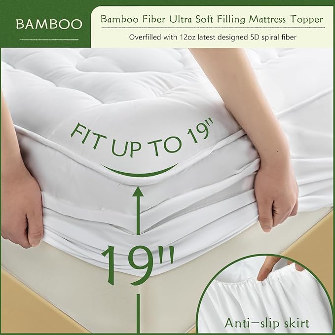 GRT Mattress Pad Cover Rayon from Bamboo Full Size, Extra Thick Quilted Fitted Mattress Topper with 19 Inches Deep Pocket, Cooling Breathable and Noiseless Mattress Cover