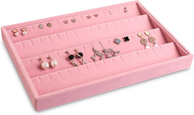 Frebeauty Stackable Velvet Jewelry Organizer Trays for Drawers Inserts Jewelry Storage Tray Display Case, Stud Earrings Bracelets Necklace Rings Accessories Trays for Women(Set of 4)(Pink) - Image 6