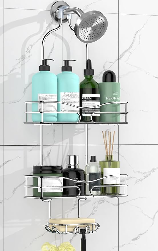 DAOYA Shower Caddy - Organizer with 6 Hooks, Soap Basket & Self-Adhesive Pad, Silver by DAOYA