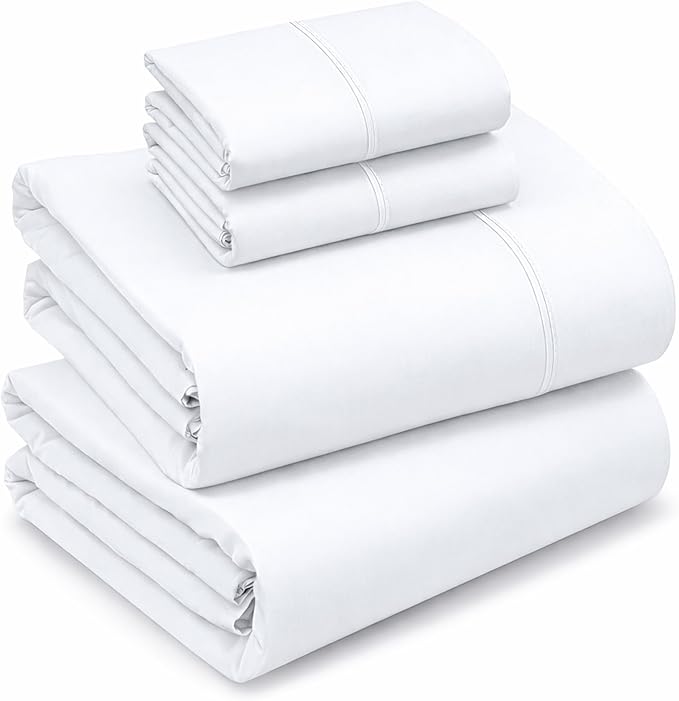 RUVANTI 100% Cotton Sheets – Full Size Percale Bedding, Cooling & Breathable, Durable with a Crisp, Soft & Comfortable Feel, 16" Deep Pocket, 4-Piece Set, Bright White