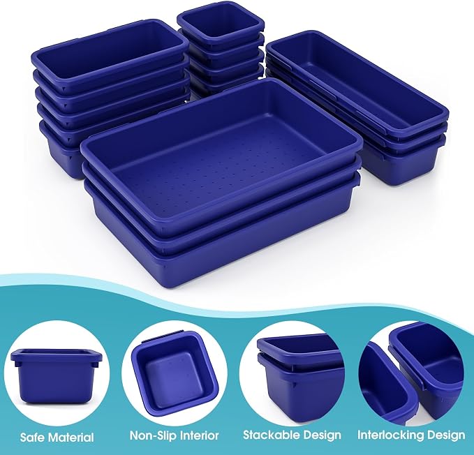 16 PCS Drawer Organizer Set, 4 Size Makeup Drawer Divider Organizer With Non-Slip Pads, Interlocking Plastic Storage Bins for Office,Jewelry Vanity,Gadgets, Bathroom,Kitchen, Navy - Image 3