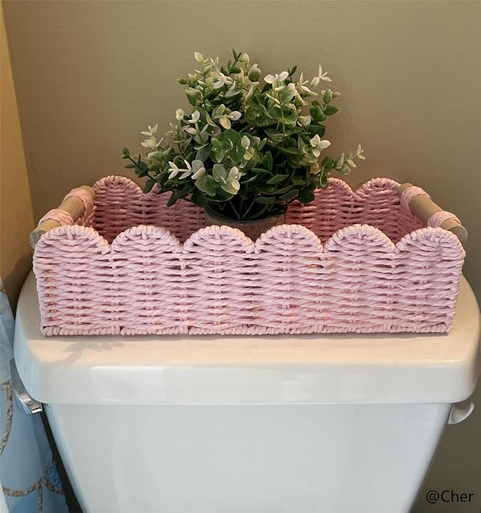 CubesLand Paper Rope Scalloped Edge Gift Basket Empty, Small Living Room,Bedroom Decor Baskets, Pink Woven Toilet Paper Storage Basket, with 2 Wooden Handle, Rectangular - Image 3