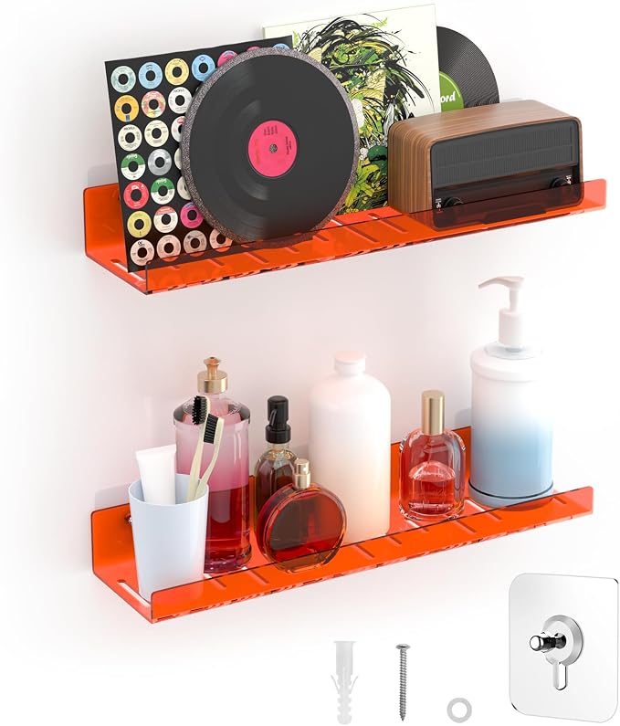 LAZYROSY 2 Pack Floating Shelves– 15'' Orange Acrylic/PET Wall-Mounted No Drill Storage with Adhesive, Bathroom & Bedroom Shelving for Kitchen, Living Room, Home Decor by Lazyrosy