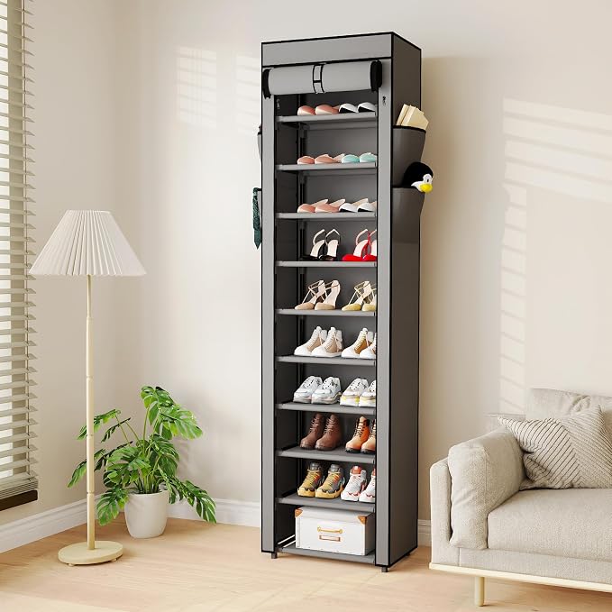 Mavivegue Shoe Rack with Cover, 10 Tier Tall Shoe Organizer for 18-22 Pairs of Shoes, Shoe Storage Organizer for Entryway, Closet, Garage, Grey, S - Image 2