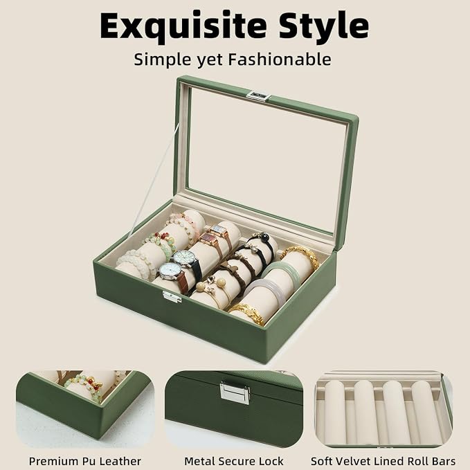 Bracelets Organizer Rods Bangles Display Holder, Clear See through Lid Leather Velvet Jewelry Storage Box Case for Women, 4 Rods Green Leather - Image 3