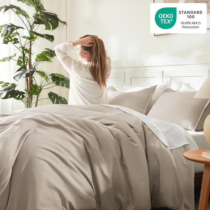 Litanika Oatmeal Comforter Full Size, 3 Pieces Lightweight Solid Bedding Comforter Set, All Season Fluffy Bed Set (79x90In Comforter & 2 Pillowcases)