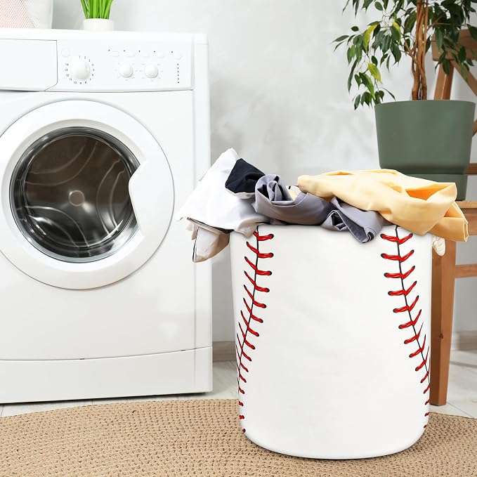 Baseball Texture Laundry Basket with Handles Collapsible Laundry Hamper Waterproof Toy Organizer Funny Dirty Clothes Hamper for College Dorm Bathroom Bedroom - Image 2
