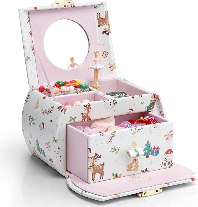 Vlando Kids Musical Jewelry Box for Girls with Drawer, Music Box with Ballerina and Stickers for Birthday Bedroom Decor, Christmas Gifts for Girls Kids - Christmas White by VLANDO