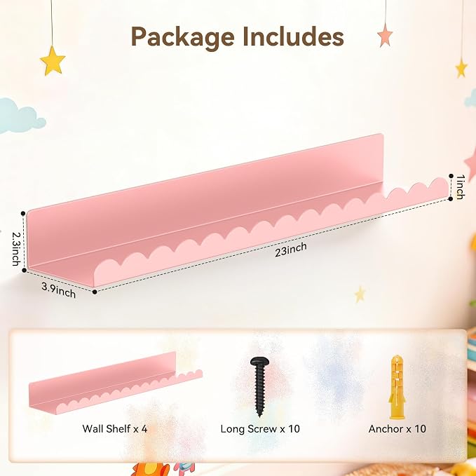 Floating Shelves for Wall, 23 Inch Metal Nursery Book Shelves 4 Pack, Wall Mounted Book Shelf for Kids Room, Bedroom, Bathroom, Playroom Decor (Pink) - Image 2