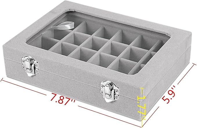 Jewelry Box 24 Grid Velvet Jewelry Tray for Drawers Glass Clear Lid Showcase Display Storage Ring Trays Holder Earrings Organizer Case(Grey) - Image 5