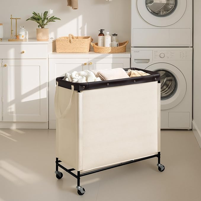 StorageWorks 3 Section Laundry Hamper, Rolling Laundry Cart with Wheels and Handles, Laundry Room Double Sorter for Organizer and Storage, 31.7 Gal(120L), Beige - Image 6