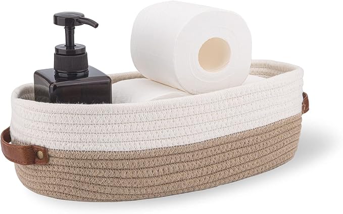 Cotton Rope Bathroom Decor Basket,Toilet Paper Holder Basket,Farmhouse Home Decor Organizing Baskets 13"x5.9"x4" Brown Stitching White by Oradrem