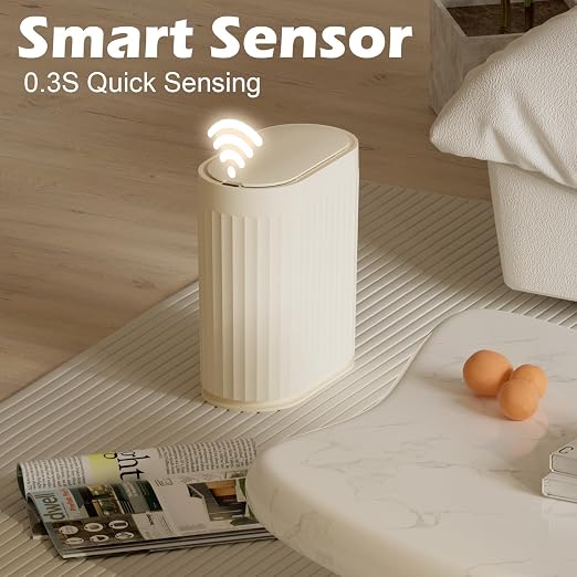 ELPHECO 2 Gallon Sensor Trash Can - IPX5 Waterproof Motion Sensor Trash Can, Automatic Bathroom Trash Bin, Slim Garbage Can for Bathroom, Office, Bedroom, Living Room, Beige - Image 3
