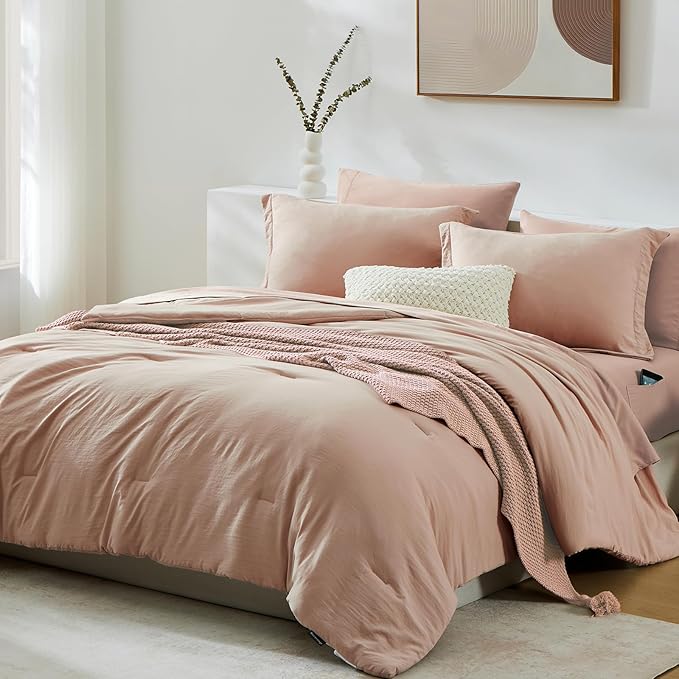 WRENSONGE Queen Comforter Set - 7 Pieces Clay Pink Soft Bed in a Bag Queen with Fitted Sheet, Flat Sheet, 2 Pillow Shams, and 2 Pillowcases- Warm Bedding Sets for All Season