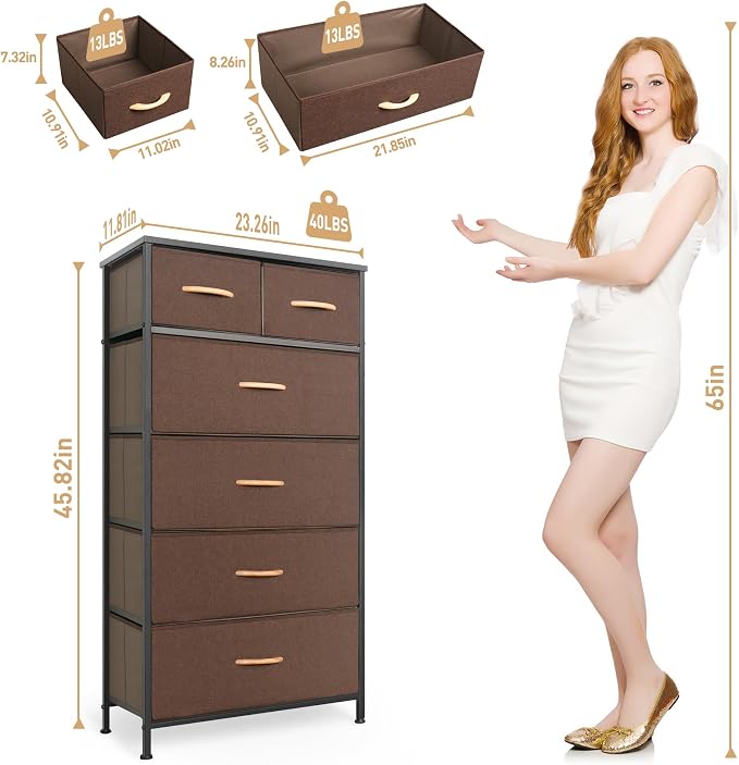 Mifuro Tall Dresser for Bedroom, Vertical Storage Organizer Tower with 6 Drawers, Chest of Drawers with Fabric Bins, Steel Frame, Wood Top for Bedroom, Closet, Entryway- Brown - Image 3