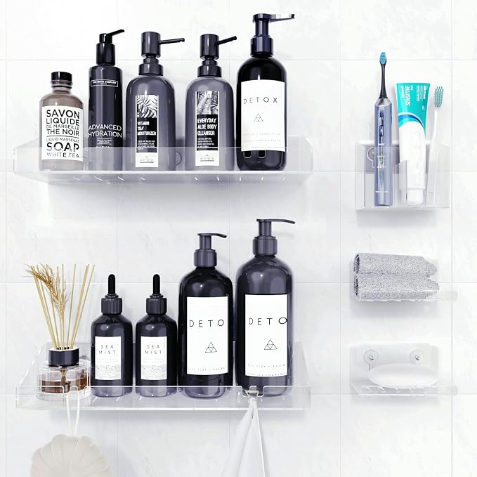 Bakzon Adhesive Shower Caddy, 5 Pack Acrylic Shower Shelves Bath Organizers With Large Capacity, No Drilling Shelves for Bathroom Storage - Image 7
