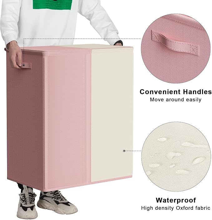 WOWLIVE Double Laundry Baseket with Lid and Removable Laundry Bags,154L Large Laundry Hamper 2 Section Collapsible Dirty Clothes Hamper for Laundry Room,College Dorm,Bathroom,Pink and Beige - Image 6