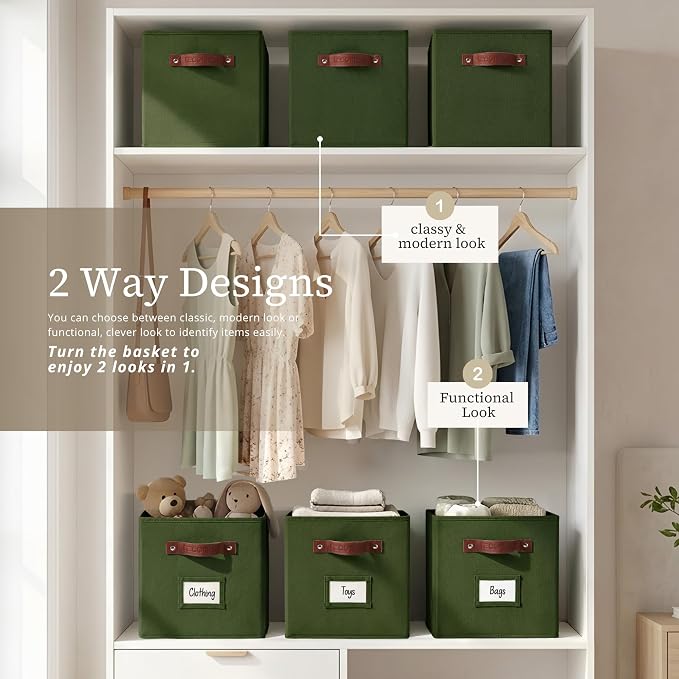 DECOMOMO Storage Baskets, 13x15x13 Storage Cube Bins with Labels for Organizing Shelves Kallax (Kallax / 4pcs, Olive Green) - Image 4