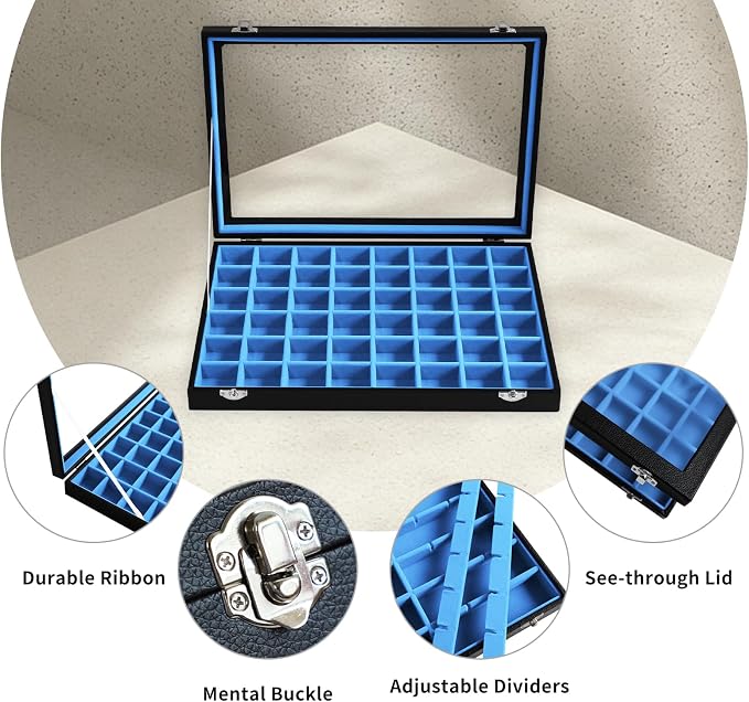 Stratalife Jewelry Organizer 48 Grid Jewelry Tray with Clear Lid Dust-proof Velvet Earring Organizer Necklace Rings Holder Display Drawer Storage Case for Women Blue Black - Image 2