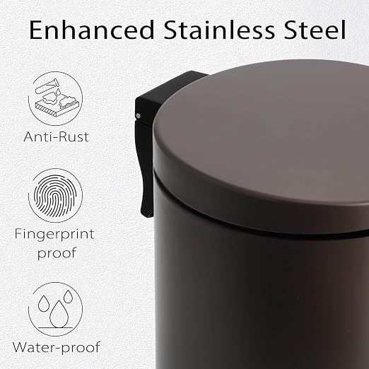 TIPGO Small Trash Can with Lid Soft Close, 4.5 Liters / 1.2 Gallon Bathroom Garbage Can, Mini Step Trash Bin, Stainless Steel Wastebasket for Bathroom, Bedroom, Office (Brown) - Image 3