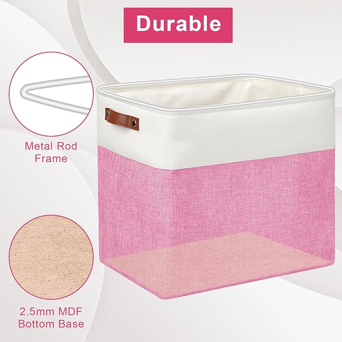 Bagnizer Large Fabric Storage Baskets | 50L Storage Bins, Decorative Linen Closet Baskets with Handles for Organizing, Shelf, Toys, Clothes, Home, Office, Nursery, 17x12x15Inches (Pink&White) - Image 4