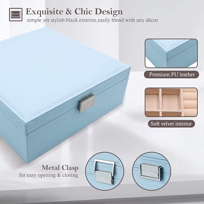 ProCase Jewelry Box for Women, 2 Layers Large Leather Jewelry Organizer Storage Case with Removable Pad for Earrings -Blue - Image 4