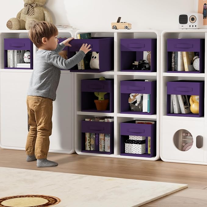 DIMJ Cube Bins, 12.2-Inch Storage Bins Cubes with Window, 6 Packs Collapsible Storage Bins with Handles, Closet Storage Baskets for Organizing Living Room, Office, 6 Pack,Purple - Image 4