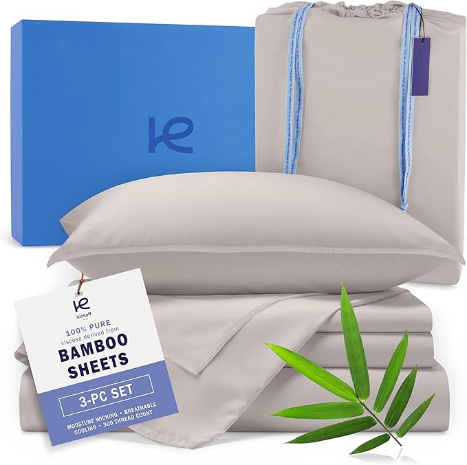 Kickoff Viscose Bamboo Sheets Twin Size 3-pc 100% Organic Bamboo Viscose Bed Cooling Sheets Twin Size Set Cool Bedding for hot Sleepers Sheet, Flat, Fitted, Pillowcase (Light Grey, T)