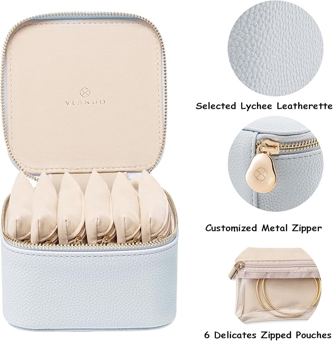 VLANDO Travel Jewelry Box Organizer – Portable PU Leather Jewelry Case with 6/8/12 Zippered Pouches, Compact Storage for Earrings Rings Necklaces Bracelets, Baby Blue - Image 6