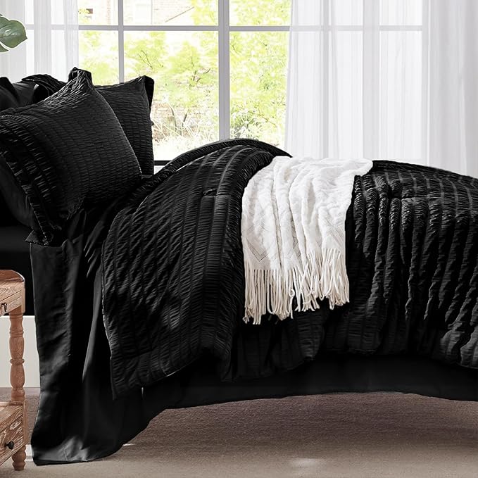 Zzlpp Black King Comforter Set 7 pieces, Seersucker Bed in a Bag with Comforter and Sheets, All Season Bedding Sets with 1 Comforter, 2 Pillow Shams, 2 Pillowcases, 1 Flat Sheet, 1 Fitted Sheet