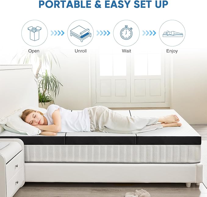 Tri-Fold Queen Memory Foam Mattress, 4 inch Folding Mattress Topper with Washable Cover, Portable Non-Slip Guest Floor Bed for Camping Travel