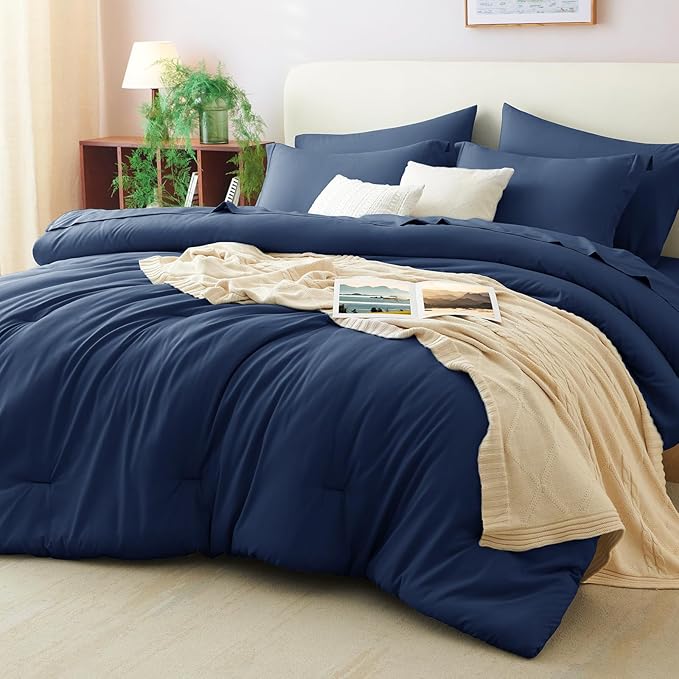 CozyLux Queen Comforter Set Navy Blue, 7 Pieces Bed in a Bag Queen Comforter Set with Sheets, Luxury Soft Bedding Sets with Down Alternative Comforter, Fitted Sheet, Flat Sheet, Pillowcases & Shams