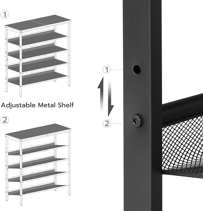 HOOBRO Shoe Rack for Entryway, 5-Tier Shoe Organizer with Adjustable Mesh Shelves, 12-16 Pairs of Shoes, Spacious Floor Mount, Metal, Industrial, Shoe Shelf for Closet, Black BB12XJ01 - Image 6
