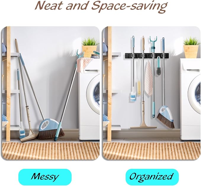OUTNILI Black Mop Broom Holder Wall Mount with 4 Slots & 4 Hooks - Rustic Wood Broom Mop Hanger for Pantry Closet Laundry Room Organization - Heavy Duty Garden Tool Organizer - Black Kitchen Decor - Image 3