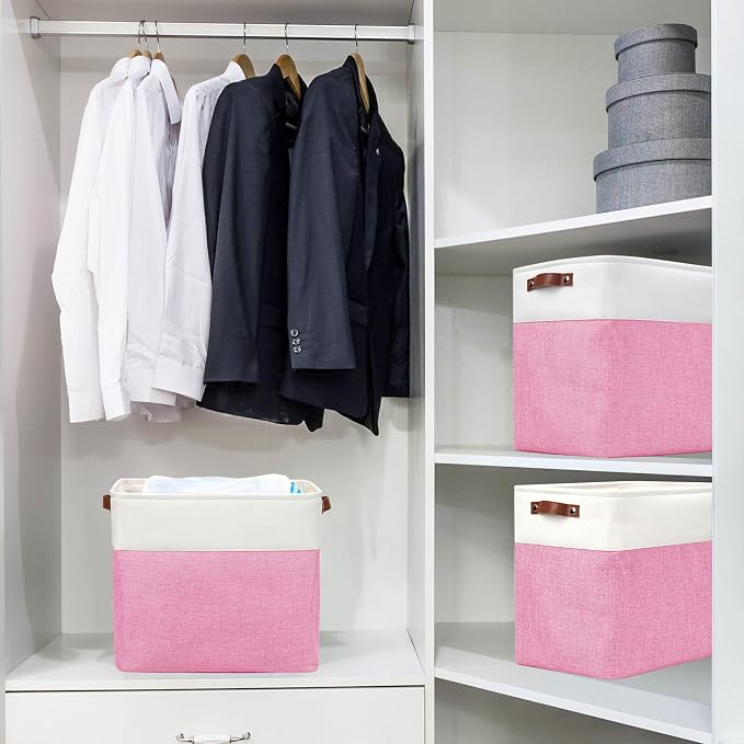 Bagnizer Large Fabric Storage Baskets | 50L Storage Bins, Decorative Linen Closet Baskets with Handles for Organizing, Shelf, Toys, Clothes, Home, Office, Nursery, 17x12x15Inches (Pink&White) - Image 2
